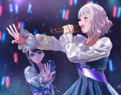 Rule 34 | 2girls, black hair, blue dress, blue eyes, blunt bangs, blurry, blurry background, blush, bob cut, closed mouth, commentary, dress, glowstick, grey hair, hair down, half up braid, highres, holding, holding microphone, inverted bob, light particles, light smile, link! like! love live!, long hair, long sleeves, love live!, microphone, mole, mole on neck, multicolored hair, multiple girls, murano sayaka, music, open mouth, outstretched arm, penlight (glowstick), pink eyes, pleated dress, profile, puffy long sleeves, puffy sleeves, red hair, short hair, singing, split mouth, ssyunn, streaked hair, virtual youtuber, white sleeves, yugiri tsuzuri