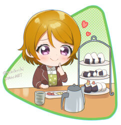 Rule 34 | 1girl, brown hair, brown jacket, chibi, closed mouth, collared shirt, commentary, cup, eyelashes, food, hand on own cheek, hand on own face, heart, jacket, kettle, kikuchi mataha, koizumi hanayo, long sleeves, love live!, love live! school idol project, onigiri, open clothes, open jacket, pickle, polka dot, polka dot background, print shirt, purple eyes, shirt, smile, solo, table, tiered tray, twitter username, yunomi