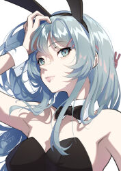 1girl animal_ear_hairband animal_ears aqua_eyes arm_up black_bow black_bowtie black_leotard blue_eyes blue_hair bow bowtie dated detached_collar fake_animal_ears hair_ornament hairband hairclip highres leotard looking_afar playboy_bunny rabbit_ear_hairband rabbit_ears rabbit_hair_ornament raiz_art_works sakurajima_mai seishun_buta_yarou signature solo wrist_cuffs