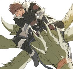 Rule 34 | 1boy, amaro (ff14), ardbert hylfyst, armor, black footwear, blue eyes, boots, breastplate, brown gloves, brown hair, commentary, english commentary, final fantasy, final fantasy xiv, full body, fur-trimmed armor, fur trim, garbage paper, gloves, grin, highres, holding, holding reins, hyur, looking to the side, male focus, pauldrons, reins, riding, short hair, shoulder armor, simple background, sitting, smile, warrior (final fantasy), white background, wings