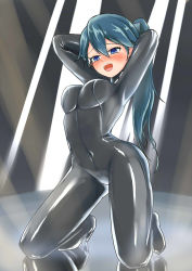 Rule 34 | arms behind head, blue hair, blush, bodysuit, covered navel, high heels, highres, houshou (kancolle), kantai collection, kneeling, latex, open mouth, ponytail, skin tight, solo