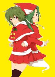 Rule 34 | 2girls, back-to-back, bad id, bad pixiv id, christmas, dobuki, female focus, ghost tail, green eyes, green hair, hat, kazami yuuka, locked arms, long hair, mima (touhou), multiple girls, one eye closed, over-kneehighs, red eyes, santa costume, short hair, simple background, thighhighs, touhou, touhou (pc-98), v, wizard hat, yellow background
