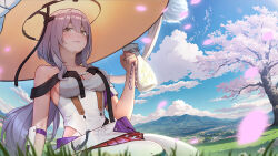 Rule 34 | 1girl, alcohol, armor, bare shoulders, blush, cherry blossoms, closed mouth, clothing cutout, cloud, goddess of victory: nikke, grass, grey hair, hair between eyes, hat, holding, japanese armor, large hat, leotard, long hair, looking at viewer, mountainous horizon, on grass, scarlet (nikke), sky, solo, songjo, white leotard, yellow eyes