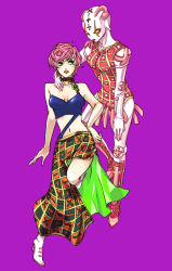 Rule 34 | 1girl, almdudler, bare shoulders, boots, breasts, cleavage, curly hair, green eyes, jojo no kimyou na bouken, large breasts, math, midriff, navel, pink hair, short hair, skirt, spice girl (stand), stand (jojo), trish una, vento aureo