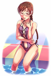 Rule 34 | 1girl, bad id, bad pixiv id, blush, braid, breasts, brown eyes, brown hair, casual one-piece swimsuit, clala, e20, glasses, long hair, navel, one-piece swimsuit, pool, poolside, quiz magic academy, sitting, small breasts, soaking feet, solo, swimsuit, twin braids, water