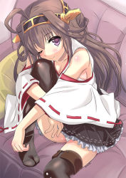 Rule 34 | 10s, 1girl, ahoge, brown hair, detached sleeves, hairband, heart, heart-shaped pupils, japanese clothes, kantai collection, kongou (kancolle), long hair, looking at viewer, nontraditional miko, one eye closed, panties, purple eyes, sata (sat), sitting, smile, solo, symbol-shaped pupils, thighhighs, underwear, white panties, wide sleeves