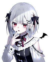 Rule 34 | 1girl, black bow, black nails, black shirt, blonde hair, blush, bow, breasts, clothing cutout, colored skin, earclip, earrings, fang, hair bow, hair ornament, hand up, jewelry, kazunehaka, long sleeves, looking at viewer, open mouth, original, pointy ears, red eyes, shirt, shoulder cutout, simple background, small breasts, teeth, two-tone shirt, upper body, vampire, white background, white hair, white shirt, white skin, x hair ornament