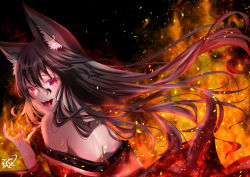Rule 34 | 1girl, absurdres, animal ear fluff, animal ears, bare shoulders, black hair, commentary request, earrings, fingernails, fire, floating hair, fox ears, fox girl, hair between eyes, highres, hololive, huge filesize, japanese clothes, jewelry, kimono, kurokami fubuki, long fingernails, long hair, looking at viewer, off shoulder, open mouth, red eyes, red kimono, sharp fingernails, sidelocks, signature, solo, urotare, virtual youtuber