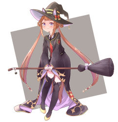 Rule 34 | 1girl, black footwear, blush, boots, broom, brown hair, charm (object), ears through headwear, enkichi totan, full body, grey background, hair rings, hat, highres, holding, holding broom, horse girl, horse tail, long hair, long sleeves, looking at viewer, purple eyes, smile, solo, standing, sweep tosho (umamusume), tail, thigh boots, thighhighs, twintails, two-tone background, umamusume, white background, wide sleeves, witch hat