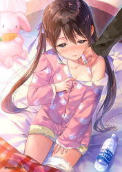 Rule 34 | 1girl, bed, blanket, blush, bottle, brown eyes, brown hair, commentary request, digital thermometer, from above, hair ribbon, hanekoto, indoors, long hair, male hand, off shoulder, open mouth, original, pajamas, pants, pov, ribbon, sitting, sleeves past wrists, solo focus, stuffed animal, stuffed rabbit, stuffed toy, sweat, thermometer, twintails, twitter username, very long hair, water bottle