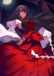 Rule 34 | 1girl, black hair, closed mouth, detached sleeves, frown, full moon, gohei, hakama, hand on own hip, holding, japanese clothes, kaiza (rider000), long hair, looking at viewer, miko, moon, outdoors, red eyes, red hakama, red shirt, sendai hakurei no miko, shide, shirt, solo, standing, touhou, v-shaped eyebrows, wide sleeves