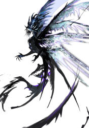 Rule 34 | absurdres, animal focus, black feathers, black hair, creature, dragon, feathers, full body, highres, kamikiririp, light particles, no humans, open mouth, original, solo, white background, wings