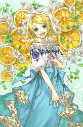 Rule 34 | 1girl, bare shoulders, blonde hair, blue skirt, bouquet, bow, commentary, cowboy shot, floral print, flower, food, frilled shirt, frills, fruit, fruit background, hair bow, hair ornament, hairclip, half updo, highres, holding, holding bouquet, kagamine rin, long skirt, looking at viewer, nail polish, open mouth, orange (fruit), puffy short sleeves, puffy sleeves, shirt, short hair, short sleeves, skirt, smile, standing, strapless, strapless shirt, swept bangs, vocaloid, white bow, white flower, white shirt, whiteskyash, yellow nails