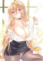 Rule 34 | 1girl, absurdres, azur lane, black choker, black skirt, blonde hair, breasts, brown pantyhose, choker, cowboy shot, flying paper, glasses, highres, huge breasts, implacable (azur lane), implacable (shepherd of the &quot;lost&quot;) (azur lane), long hair, looking at viewer, maid headdress, manjuu (azur lane), marker (medium), office lady, official alternate costume, panties, panties under pantyhose, pantyhose, paper, partially unbuttoned, pencil skirt, red eyes, see-through, see-through shirt, shin kun30, skirt, solo, traditional media, underwear, very long hair, white panties