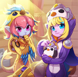 Rule 34 | 2girls, alternate costume, animal costume, artist name, bird costume, bird hat, blonde hair, blurry, blurry background, cowboy shot, curtains, green eyes, green hair, holding, indoors, league of legends, little legend, looking at viewer, multicolored hair, multiple girls, official alternate costume, pengu cosplay tristana, penguin costume, pink hair, poppy (league of legends), shield, sitting, smile, stuffed animal, stuffed penguin, stuffed toy, tristana, two-tone hair, vmat, wrench, yordle