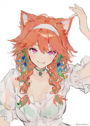 Rule 34 | 1girl, braid, cat, choker, earrings, feather earrings, feathers, green choker, headband, highres, hololive, hololive english, jewelry, kemonomimi mode, long hair, looking at viewer, official alternate costume, orange hair, purple eyes, see-through, simple background, sketch, smile, solo, sunako (veera), takanashi kiara, takanashi kiara (casual), tongue, tongue out, twin braids, virtual youtuber, white background, white headband