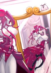 Rule 34 | 1girl, :o, absurdres, black bow, blush, bow, breasts, breasts out, colored skin, cosplay, detached sleeves, dress, earrings, elizabeth bathory (cinderella rider) (fate), elizabeth bathory (cinderella rider) (fate) (cosplay), elizabeth bathory (fate), embarrassed, baobhan sith (fate), fang, fate/grand order, fate (series), flying toaster, gloves, grey eyes, grey skin, half gloves, highres, jewelry, large breasts, long dress, long hair, looking at mirror, looking at viewer, mirror, nipples, open mouth, pale skin, pointy ears, red dress, red gloves, red hair, reflection, revealing clothes, solo, white sleeves