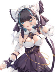 Rule 34 | 1girl, :d, absurdres, arm at side, arm up, azur lane, bare shoulders, black dress, black hair, black ribbon, blue eyes, blue hair, blunt bangs, blush, breasts, cheshire (azur lane), cleavage, cowboy shot, detached sleeves, dress, fingernails, frilled dress, frills, glint, highres, large breasts, linz (linzimmm), looking at viewer, maid, maid headdress, multicolored hair, nail polish, neck ribbon, open mouth, pink nails, ribbon, short hair, short sleeves, simple background, smile, solo, streaked hair, two-tone hair, underbust, white background, wrist cuffs