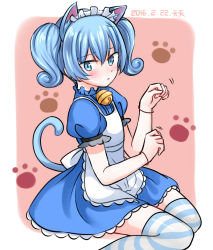 Rule 34 | 1boy, animal ears, animal print, ansatsu kyoushitsu, apron, bell, blue eyes, blue hair, blush, cat ears, cat print, cat tail, collar, crossdressing, dated, dress, hair tie, looking at viewer, maid, maid apron, male focus, neck bell, shiota nagisa, solo, striped clothes, striped thighhighs, tail, tenten (kitty), thighhighs, trap, twintails