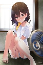 Rule 34 | 1girl, alternate costume, alternate hairstyle, blue shorts, blurry, brown eyes, brown hair, casual, commentary request, dated, depth of field, electric fan, feet out of frame, hair down, head tilt, kantai collection, koruri, looking at viewer, sendai (kancolle), shirt, short hair, shorts, signature, sitting, solo, sweat, tatami, twitter username, white shirt, window, yellow towel