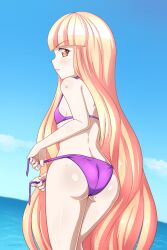 Rule 34 | 1girl, absurdres, adjusting clothes, ass, bikini, blonde hair, blue sky, blunt bangs, breasts, cloud, commentary, english commentary, from behind, frown, highres, long hair, looking at viewer, mole, mole on ass, mole on breast, mole on shoulder, multiple moles, ocean, orange eyes, original, petite, profile, purple bikini, scarletknives-x, side-tie bikini bottom, sky, small breasts, solo, swimsuit, very long hair