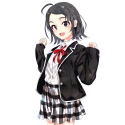 Rule 34 | 1girl, :d, ahoge, arms up, black jacket, blush, buttons, checkered clothes, checkered skirt, collared shirt, commentary request, fingernails, grey eyes, grey hair, hair ornament, highres, hikigaya komachi, jacket, long sleeves, looking at viewer, medium hair, open clothes, open jacket, open mouth, ponkan 8, red neckwear, school uniform, shirt, simple background, skirt, smile, sobu high school uniform, solo, standing, upper body, white background, white shirt, x hair ornament, yahari ore no seishun lovecome wa machigatteiru.