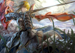 Rule 34 | 1girl, adapted costume, ahoge, archlich, armor, armored dress, artoria pendragon (fate), blonde hair, breastplate, caliburn (fate), cloud, cloudy sky, fate/stay night, fate (series), faulds, flag, gauntlets, grass, green eyes, hair ribbon, planted sword, planted, polearm, ribbon, saber (fate), serious, shield, short hair, signature, sky, solo, sword, war, weapon