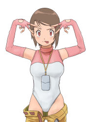 Rule 34 | 1girl, absurdres, belt, digimon, double v, elbow gloves, female focus, gloves, highres, leotard, leotard under clothes, open clothes, open shorts, shorts, simple background, solo, tongue, tongue out, v, white background, yagami hikari