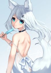 Rule 34 | 1girl, absurdres, animal ear fluff, animal ears, backless dress, backless outfit, bare shoulders, black choker, blue eyes, blue nails, blush, bow, choker, closed mouth, dress, food, fox ears, fox girl, fox tail, from behind, grey background, grey hair, hair ornament, hairclip, highres, hinata (user rjkt4745), holding, holding food, long hair, looking at viewer, looking back, nail polish, original, popsicle, smile, solo, strap slip, tail, white bow, white dress