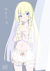 Rule 34 | 1girl, blonde hair, blush, braid, closed mouth, covered erect nipples, creatures (company), game freak, green eyes, highres, li (lithium0522), lillie (pokemon), long hair, navel, nintendo, own hands together, pokemon, pokemon sm, solo, translated, twin braids