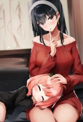 Rule 34 | 2girls, :o, absurdres, anya (spy x family), bad id, bad twitter id, bare shoulders, black dress, black hair, breasts, child, closed eyes, couch, dress, earrings, finger to mouth, hairband, hand on another&#039;s head, highres, index finger raised, jewelry, lap pillow, long hair, looking at viewer, mother and daughter, multiple girls, nanashinayuzu mochi, no pants, off-shoulder sweater, off shoulder, on couch, pink hair, red eyes, red sweater, shushing, sitting, sleeping, spy x family, straight hair, sweater, thighs, white hairband, yor briar