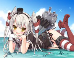Rule 34 | 10s, 1girl, :d, amatsukaze (kancolle), bankoku ayuya, black panties, blush, dress, fang, garter straps, gloves, head rest, kantai collection, long hair, looking at viewer, open mouth, panties, red thighhighs, rensouhou-kun, sailor dress, school uniform, serafuku, short dress, side-tie panties, silver hair, single glove, smile, solo, striped clothes, striped thighhighs, thighhighs, twintails, two side up, underwear, white gloves, yellow eyes