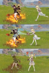 Rule 34 | 2girls, 3d background, 4koma, ?, absurdres, blonde hair, brown hair, bucket, burning, carrying, chinese clothes, comic, commentary, confused, defeat, english commentary, english text, feather hair ornament, feathers, fire, firefighter, flower, full body, gameplay mechanics, genshin impact, hair between eyes, hair flower, hair ornament, hat, hat flower, hat ornament, highres, holding, holding polearm, holding weapon, hu tao (genshin impact), long hair, long sleeves, luizhtx, lumine (genshin impact), motion blur, multiple girls, orange eyes, polearm, running, short hair, short hair with long locks, short shorts, shorts, sidelocks, silent comic, spear, splashing, staff of homa (genshin impact), standing, symbol-shaped pupils, twintails, water, weapon, wooden bucket, yellow eyes