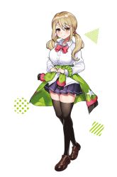 Rule 34 | 1girl, blonde hair, bow, bowtie, breasts, collared shirt, denonbu, hair ornament, hairclip, jacket, kayano futaba, large breasts, long hair, long sleeves, looking at viewer, mika pikazo, miniskirt, official art, shirt, skirt, smile, solo, standing, thighhighs, transparent background, twintails, white shirt