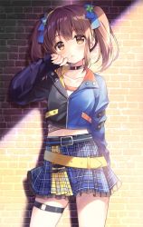Rule 34 | 1girl, belt, blue skirt, blurry, bow, brick wall, brown hair, choker, collarbone, commentary request, cowboy shot, crop top, cropped jacket, frilled skirt, frills, hair bow, hand up, idolmaster, idolmaster cinderella girls, idolmaster cinderella girls starlight stage, jacket, long hair, long sleeves, looking at viewer, midriff, miniskirt, multicolored jacket, ogata chieri, orange eyes, parted lips, plaid, plaid skirt, shirt, sidelocks, skirt, solo, standing, suimya, thigh strap, twintails, two-sided fabric, two-sided jacket, two-tone jacket, white shirt, wing collar
