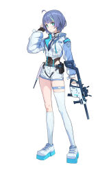 Rule 34 | 1girl, absurdres, ahoge, aqua eyes, aqua nails, black gloves, black necktie, blue hair, closed mouth, commentary, covered navel, fingerless gloves, fingernails, full body, gloves, gun, highres, holding, holding gun, holding weapon, ildy, jacket, long hair, looking at viewer, multicolored hair, nail polish, necktie, original, short hair, shorts, simple background, single glove, single thighhigh, smile, solo, standing, streaked hair, submachine gun, thigh strap, thighhighs, weapon, white background, white shorts, white thighhighs