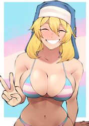 Rule 34 | 1boy, alternate breast size, bikini, blasphemy, blonde hair, blush, breasts, bridget (guilty gear), cleavage, closed eyes, flytrapxx, grin, guilty gear, highres, large breasts, lgbt pride, male focus, male with breasts, navel, nun, smile, solo, striped bikini, striped clothes, swimsuit, transgender flag, trap, why