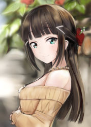 Rule 34 | 1girl, black hair, blunt bangs, blurry, blurry background, blush, bow, breasts, commentary request, duplicate, flower, green eyes, hair bow, hair ornament, jewelry, kurosawa dia, leaf, long hair, looking at viewer, love live!, love live! sunshine!!, medium breasts, mole, mole under mouth, nannacy7, necklace, off-shoulder sweater, off shoulder, own hands together, profile, red bow, ribbed sweater, sidelocks, smile, solo, sweater, x hair ornament