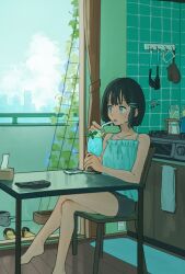 Rule 34 | 1girl, :o, balcony, bangs pinned back, bare shoulders, black hair, black shorts, blue camisole, blue nails, blush, camisole, chair, cloud, collarbone, curtains, day, drink, drinking straw, foot out of frame, glass door, grey eyes, hair ornament, hairpin, highres, holding, holding drink, indoors, ladle, looking ahead, matsumine (twin-mix), nail polish, open mouth, original, oven mitts, plant, planter, railing, sandals, shirt, short hair, shorts, sidelocks, sitting, sleeveless, sleeveless shirt, solo, spatula, stove, table, tile wall, tiles, vines, watering can, wooden floor