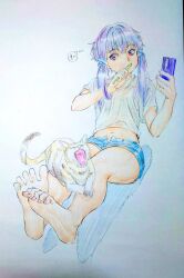 Rule 34 | 1girl, bare legs, barefoot, blue hair, blue shorts, cat, cellphone, cwind, eyelashes, feet, full body, hair ornament, hands up, highres, holding, holding phone, midriff, navel, phone, purple eyes, purple hair, see-through, see-through shirt, shirt, short hair with long locks, short shorts, short sleeves, shorts, sitting, smartphone, soles, solo, spread toes, thighs, toe scrunch, toenails, toes, traditional media, voiceroid, white shirt, x hair ornament, yuzuki yukari