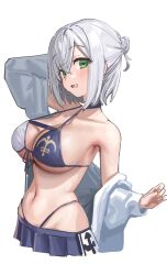 Rule 34 | 1girl, arm up, bare shoulders, bikini, bikini skirt, blue bikini, breasts, chest belt, commentary request, front-tie bikini top, front-tie top, green eyes, grey hair, hair between eyes, highleg, highleg bikini, highres, hololive, kanzarin, large breasts, looking at viewer, navel, off shoulder, official alternate costume, open clothes, open mouth, open shirt, parted bangs, pleated skirt, shirogane noel, shirogane noel (summer 2020), shirt, short hair, simple background, skirt, smile, solo, stomach, swimsuit, two-tone bikini, upper body, virtual youtuber, white background, white bikini, white shirt