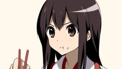 Rule 34 | 10s, 1girl, :t, akagi (kancolle), animated, animated gif, beige background, black hair, blinking, brown eyes, chopsticks, eating, food, food on face, holding, holding chopsticks, kantai collection, lowres, rice, rice on face, solo, sushikuugo (suisen), upper body