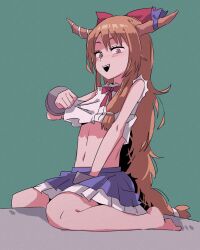 Rule 34 | 1girl, barefoot, blush, bow, bowtie, brown eyes, brown horns, commentary, cookie (touhou), flat chest, full body, green background, hair bow, highres, horn bow, horn ornament, horns, ibuki suika, long hair, looking at viewer, medium bangs, miniskirt, navel, open mouth, orange hair, purple bow, red bow, red bowtie, rikadai, seiza, shirt, simple background, sitting, skirt, sleeveless, sleeveless shirt, smile, solo, teeth, touhou, upper teeth only, very long hair, white shirt, yamin (cookie)