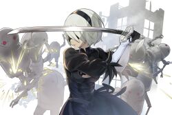 Rule 34 | 1girl, abandoned, battle, black blindfold, black dress, black hairband, blindfold, building, closed mouth, clothing cutout, covered eyes, dress, feather-trimmed sleeves, feather trim, fighting stance, hairband, holding, holding sword, holding weapon, juliet sleeves, katana, long sleeves, mole, mole under mouth, nier:automata, nier (series), nyoro (nyoronyoro000), puffy sleeves, robot, science fiction, solo, standing, sword, weapon, white hair, 2b (nier:automata)