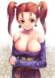 Rule 34 | 1girl, arms under breasts, bare shoulders, blue sleeves, breasts, cleavage, closed mouth, collarbone, commentary, detached sleeves, dot nose, dragon quest, dragon quest viii, earrings, forehead, hair ornament, highres, jessica albert, jewelry, large breasts, long sleeves, orange eyes, outdoors, parted bangs, red hair, serious, short twintails, solo, thick eyebrows, twintails, upper body, v-shaped eyebrows, v2 (pixiv 84041087)