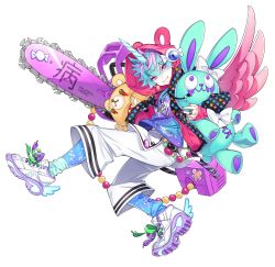 Rule 34 | 1boy, :3, blue hair, blue shirt, blue socks, chainsaw, closed mouth, commentary request, earrings, highres, holding, hood, hood up, hoodie, horns, jewelry, long sleeves, looking at viewer, male focus, multicolored hair, original, polka dot, purple eyes, ring, samei ikusa, shirt, shoes, simple background, single horn, smile, sneakers, socks, solo, star (symbol), star print, streaked hair, stuffed animal, stuffed rabbit, stuffed toy, teddy bear, unmoving pattern, white background, wings