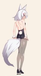 Rule 34 | 1girl, animal ears, bare back, blush, fox ears, fox girl, fox tail, from behind, hair ornament, high heels, highres, leotard, open mouth, pantyhose, phase connect, playboy bunny, purple eyes, rabbit tail, short hair, simple background, solo, tail, tenma maemi, tilt-shift (azalanz), virtual youtuber, white hair, wrist cuffs