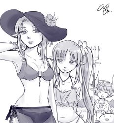 Rule 34 | 3girls, :d, absurdres, alternate costume, alternate hairstyle, arm behind head, bikini, breasts, circe (fate), collarbone, closed eyes, fate/grand order, fate (series), flower, greyscale, hair flower, hair ornament, hair up, hat, hat flower, head wings, highres, jewelry, long hair, looking at viewer, medea (fate), medea (lily) (fate), monochrome, multiple girls, navel, necklace, o-ring, o-ring bikini, o-ring bottom, o-ring top, open mouth, pig, pointy ears, sanctuary-of-apricot, sarong, shirt, short hair, side ponytail, singature, small breasts, smile, tied shirt, wings