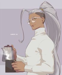 Rule 34 | 1boy, absurdly long hair, alternate color, alternate eye color, alternate hair color, alternate hairstyle, black shirt, character name, closed mouth, commentary, cup, dark-skinned male, dark skin, ear piercing, earrings, electric kettle, glasses, hair tie, hairband, hands up, high ponytail, highres, holding, holding cup, holding kettle, jamie siu, jewelry, kettle, letterboxed, long hair, long sleeves, looking at viewer, male focus, official alternate color, official alternate eye color, official alternate hair color, orange eyes, piercing, ponytail, profile, shirt, simple background, single bang, smile, solo, steam, street fighter, street fighter 6, talgi, turtleneck, very long hair, white-framed eyewear, yellow hairband