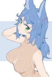 Rule 34 | 1girl, absurdres, animal ears, bad id, bad twitter id, bare arms, bare shoulders, blue background, blue hair, blush, breasts, brown sweater, cleavage cutout, closed mouth, clothing cutout, donguri suzume, green eyes, hand in own hair, hand up, highres, large breasts, long hair, looking at viewer, looking to the side, one side up, ribbed sweater, solo, sweater, sweater vest, upper body